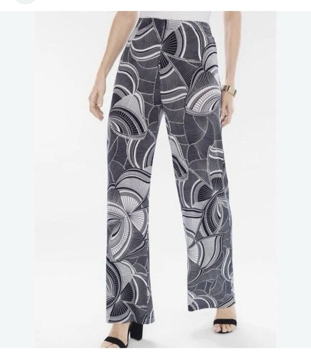 Chicos Large (2P ) Travelers Slinky Pants Geometric Wide Leg Black White Career